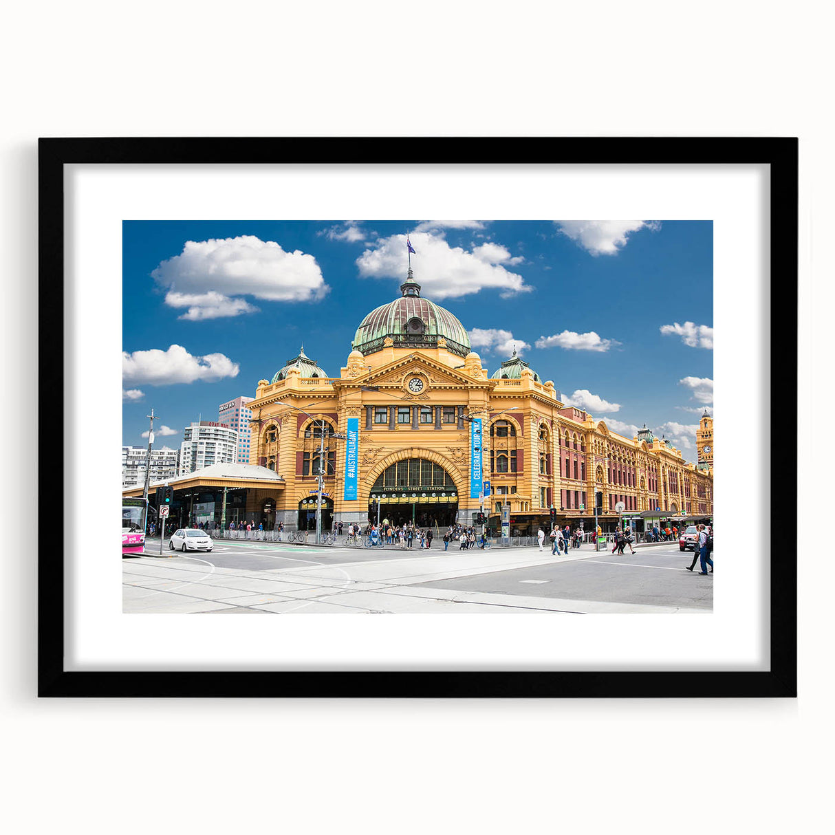 Extra large abstract art print of Melbourne scenery with vivid color palette on textured canvas, framed in black.