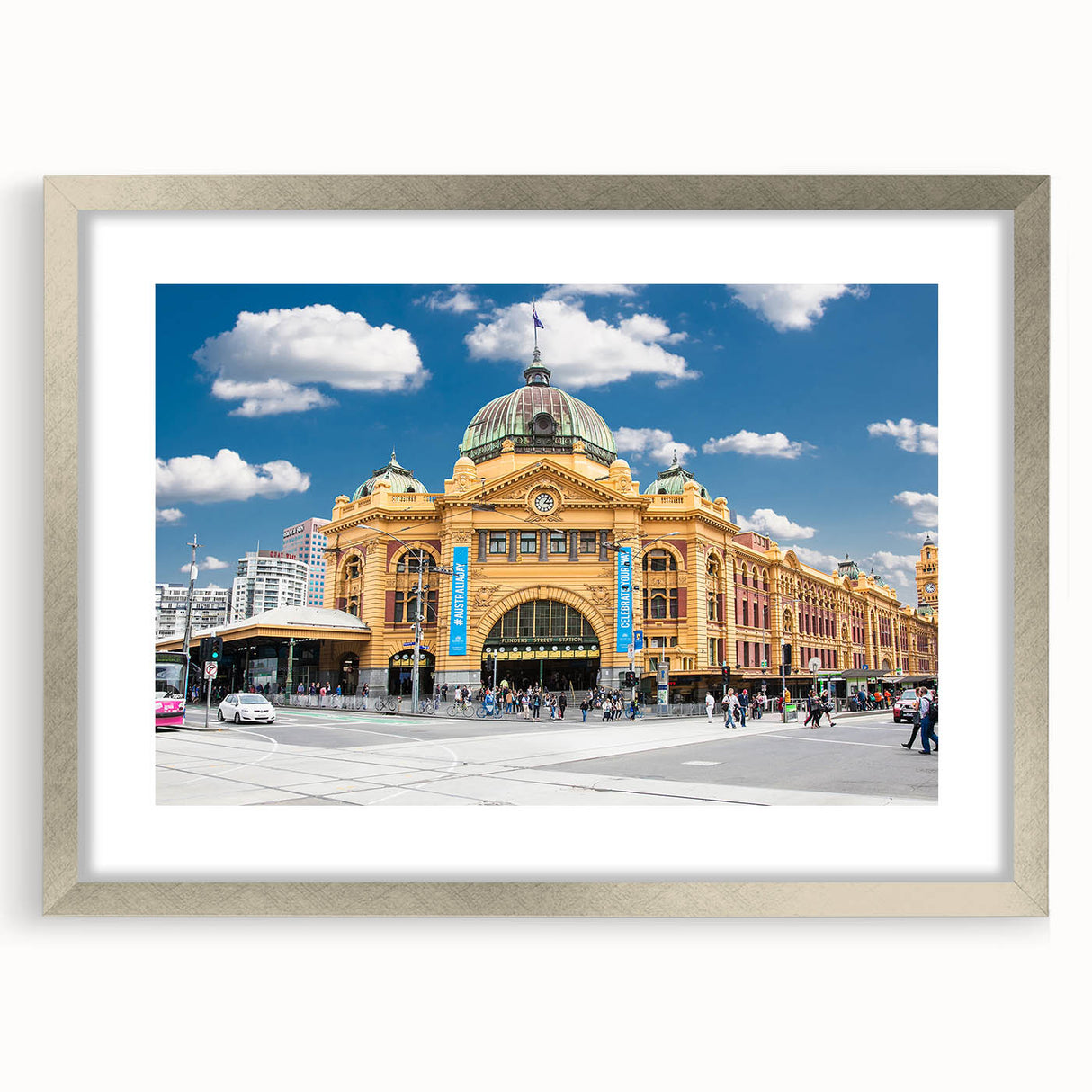 Abstract art print of Melbourne skyline in silver frame with muted blue and gray tones, ideal for dining room decor.