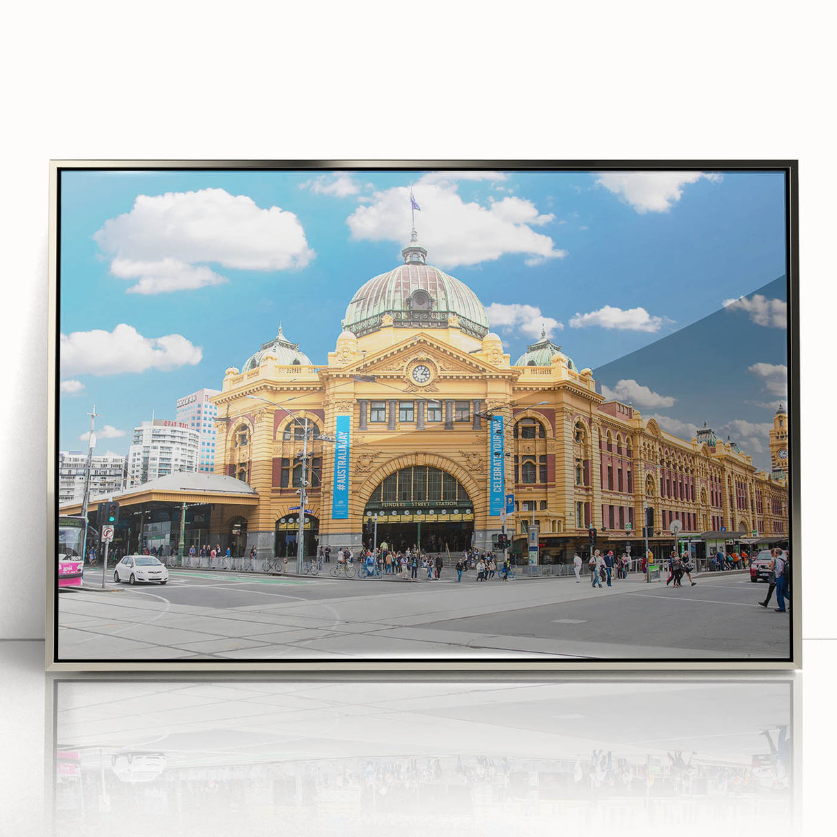 Art deco poster of Melbourne skyline in muted silver tones on a framed acrylic, ideal for modern art wall decor.