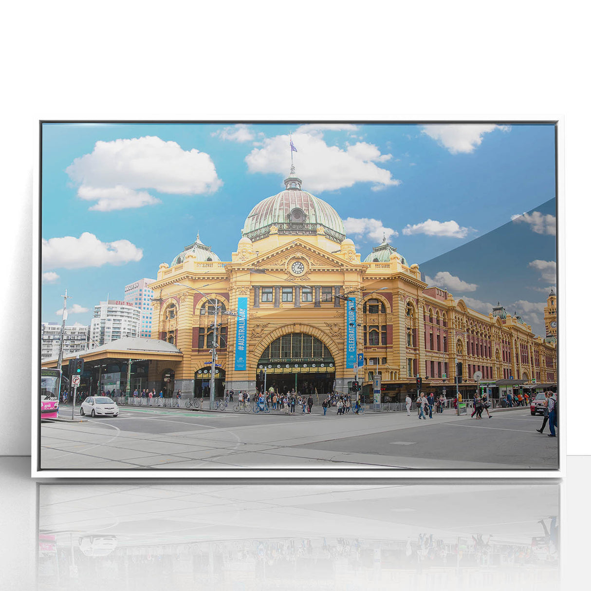 Mid-century modernist art of Melbourne skyline in muted gray tones on framed acrylic, suitable for modern art wall decor.