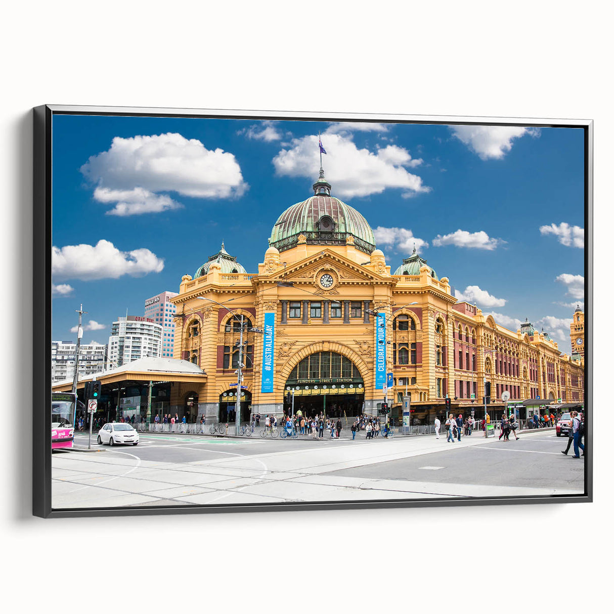 Black and white framed canvas of Melbourne landscape, vintage style, ideal for bedroom wall art.