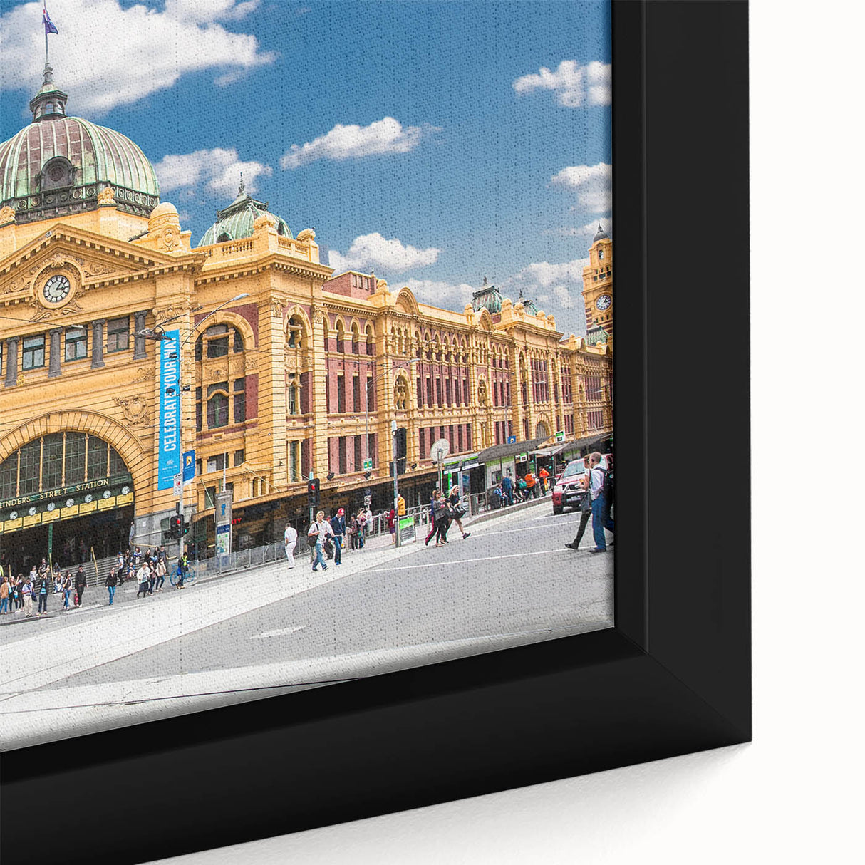 Textured black wall art of Melbourne skyline with vibrant colors on a framed canvas, ideal for living room decor.