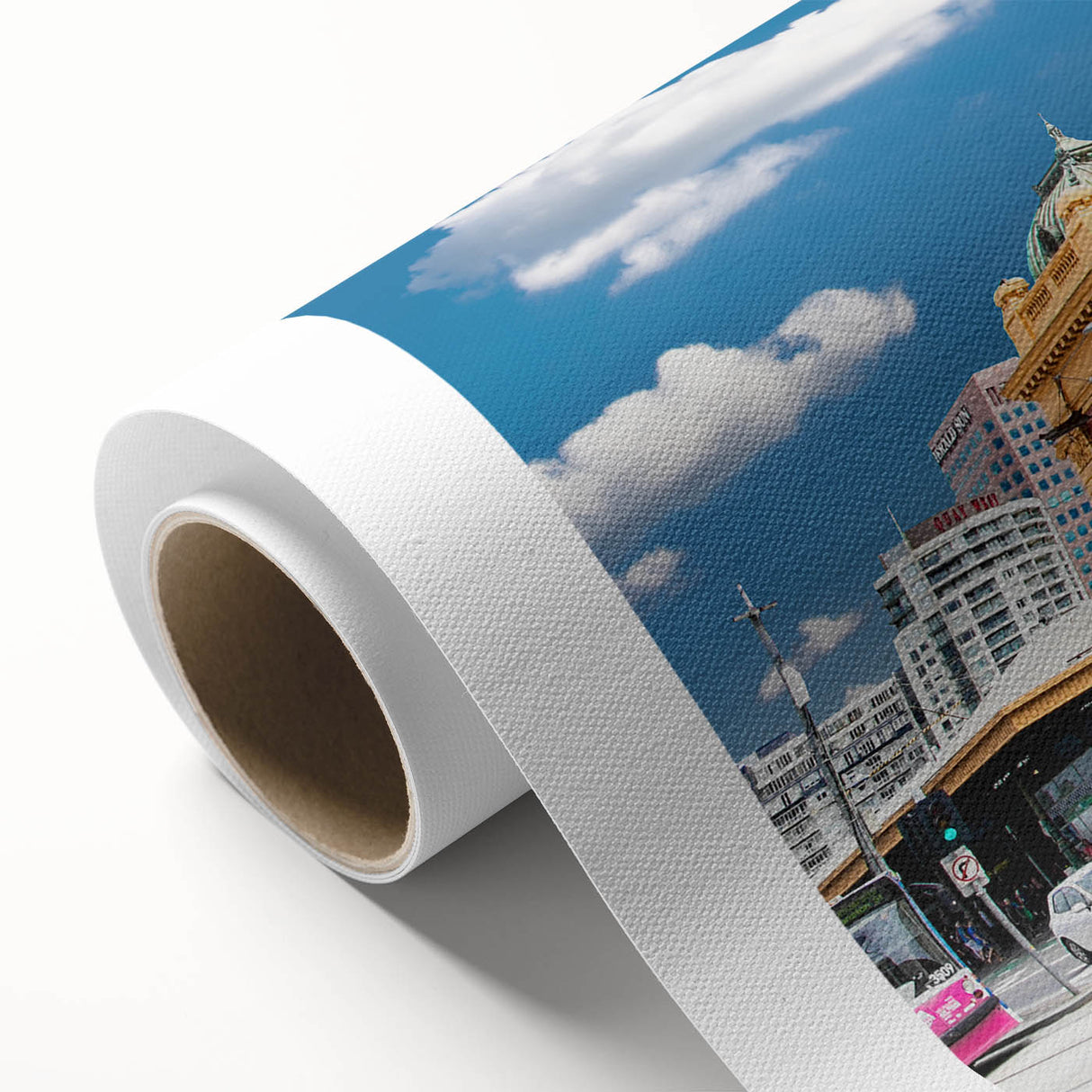 Art Deco poster of Melbourne skyline in pastel shades on rolled canvas, suitable for nursery wall art.