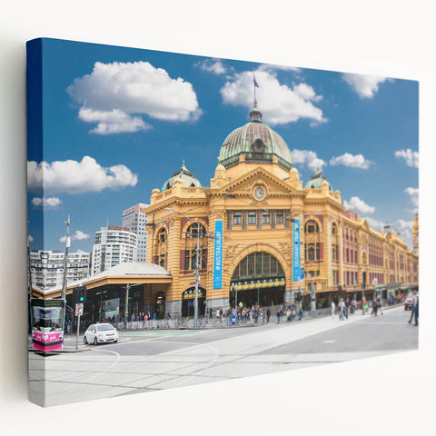 Large stretched canvas featuring a detailed Melbourne skyline in muted blue tones, ideal for kitchen wall art.