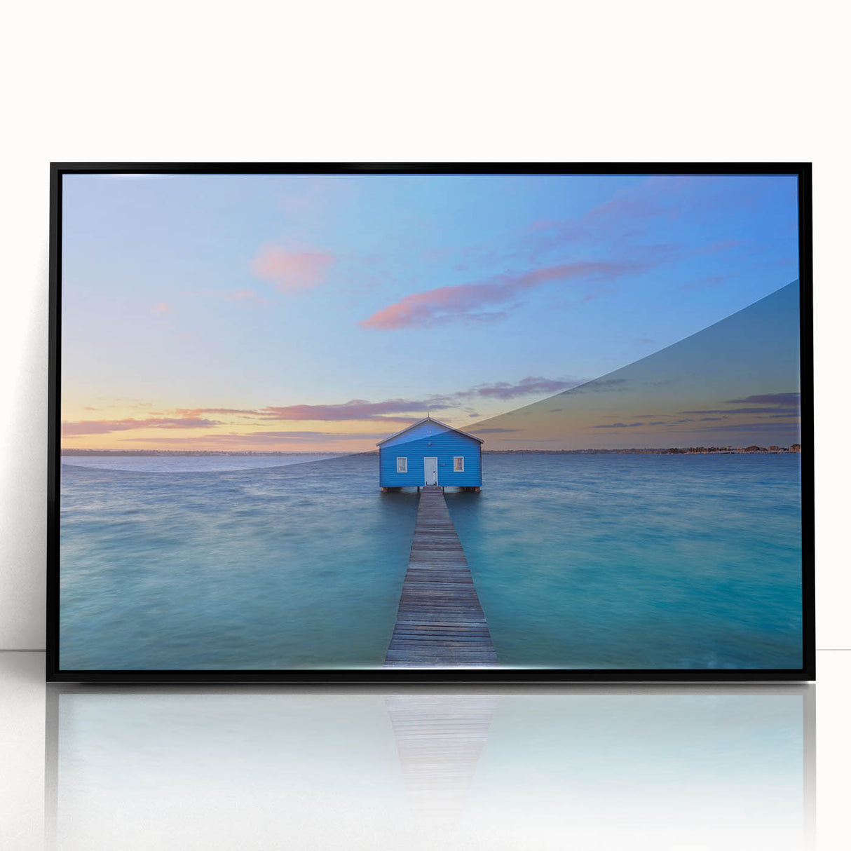 Large abstract wall art depicting the Perth skyline in muted gray and blue tones, framed in black acrylic.