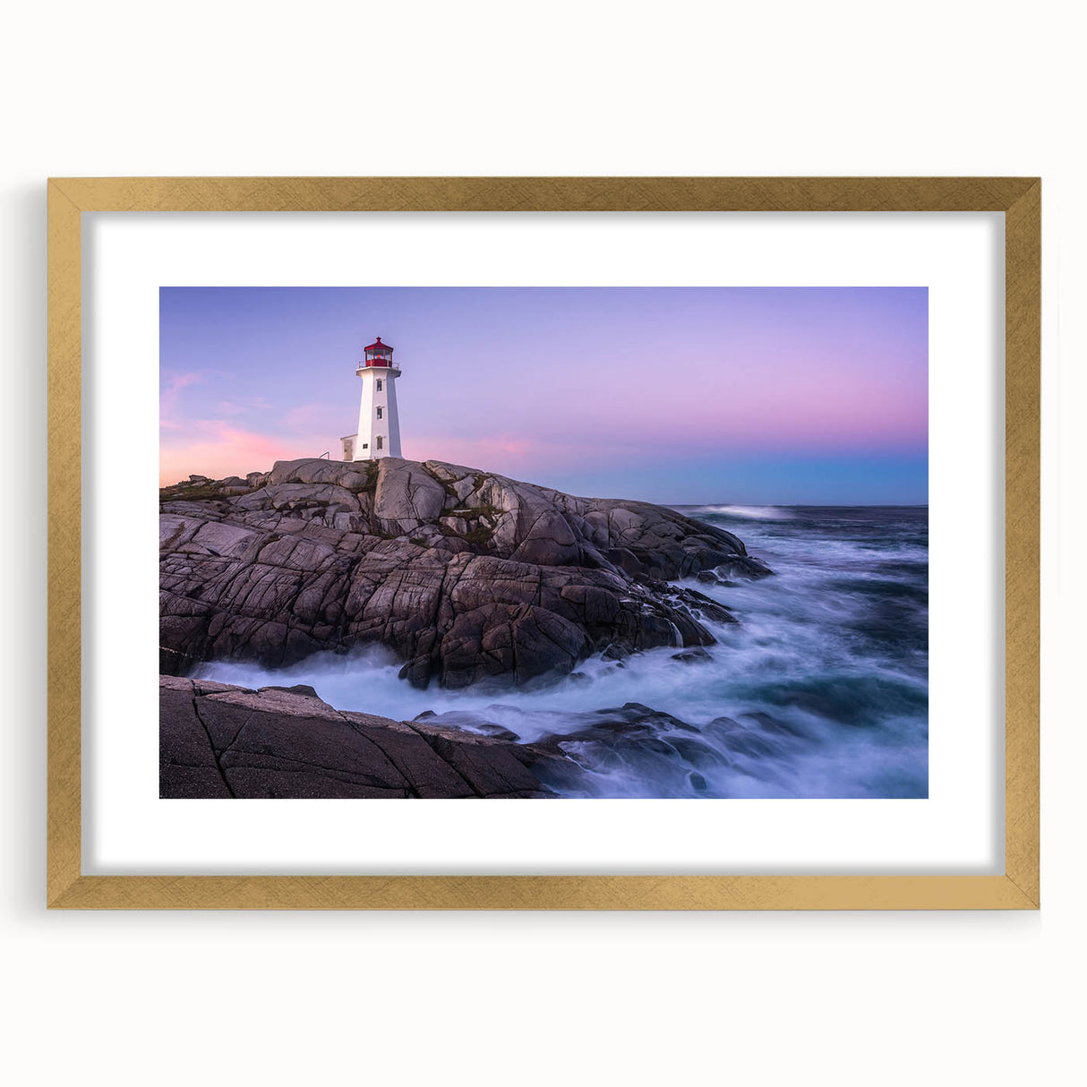Abstract art print of Nova Scotia scenery in textured gold frame, ideal for living room decor.