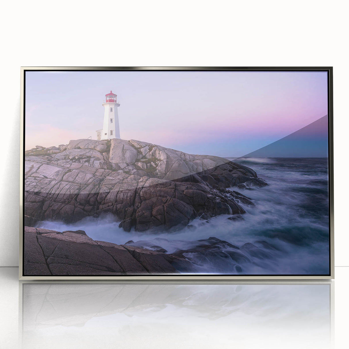 Mid-century modernist art of Nova Scotia scenery in silver-framed acrylic, suitable for modern art wall decor.