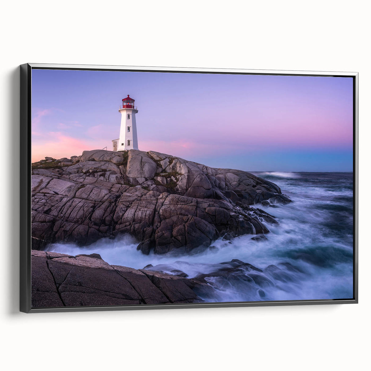 Black and white landscape art painting of Nova Scotia on framed canvas, suitable for bedroom wall decor.