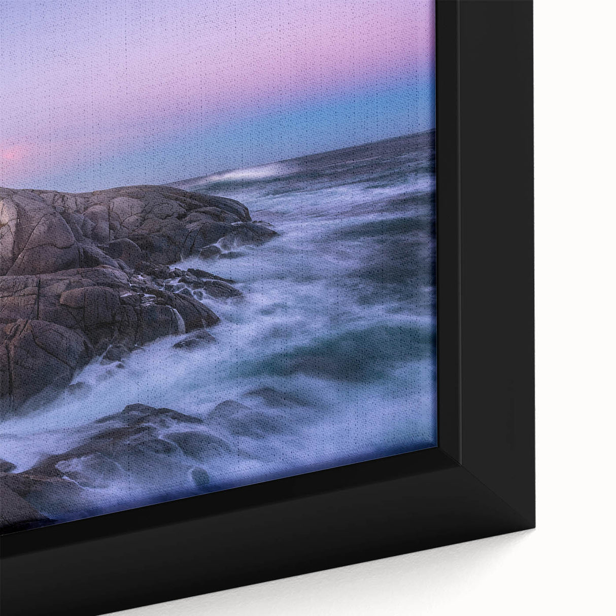 Framed canvas featuring a textured depiction of Nova Scotia scenery in black with colorful accents.