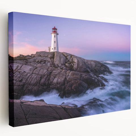 Side view of a stretched canvas featuring a serene Nova Scotia landscape in muted green and blue tones.