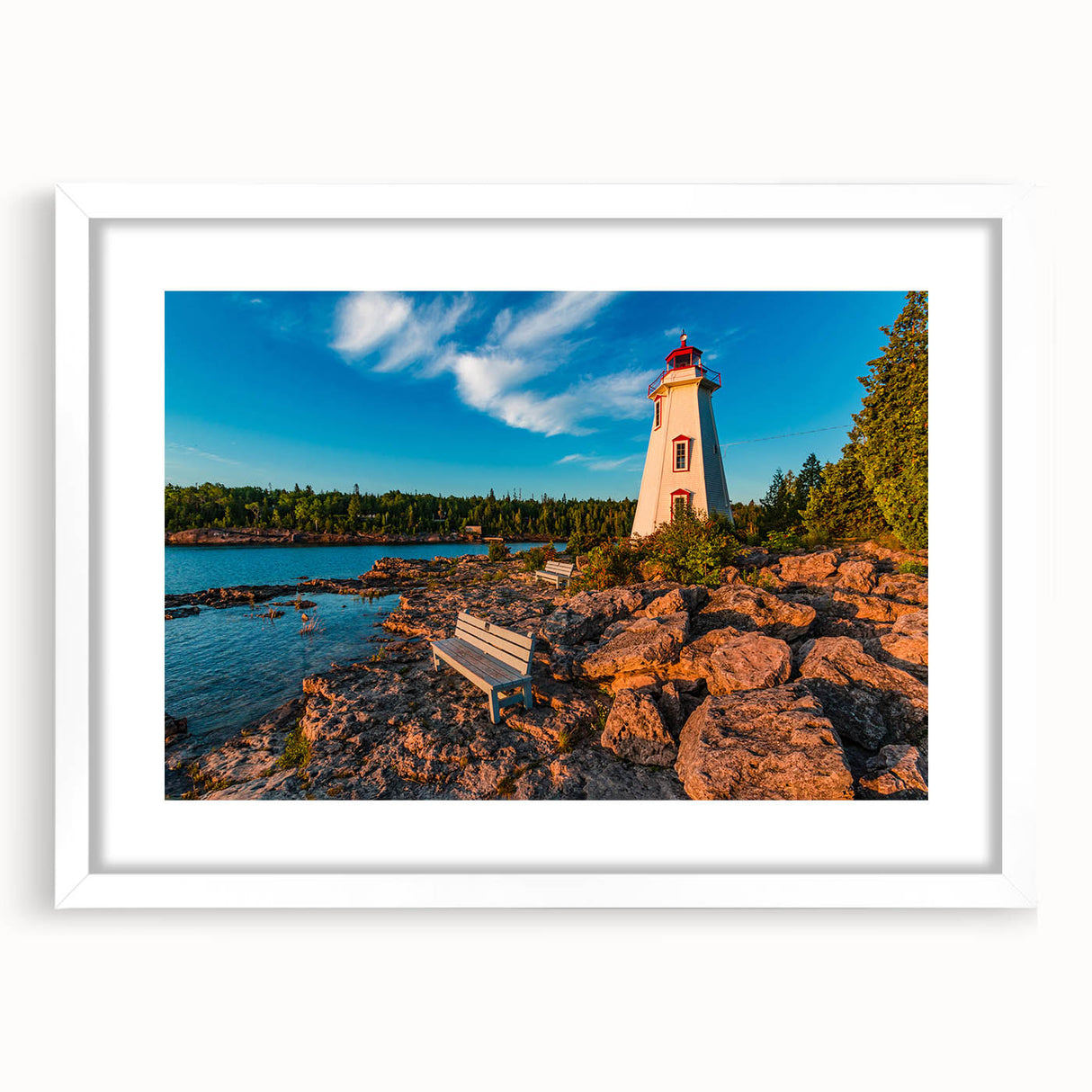 Abstract art print of Ontario scenery in muted earth tones, framed with a white mat, suitable for dining room decor.