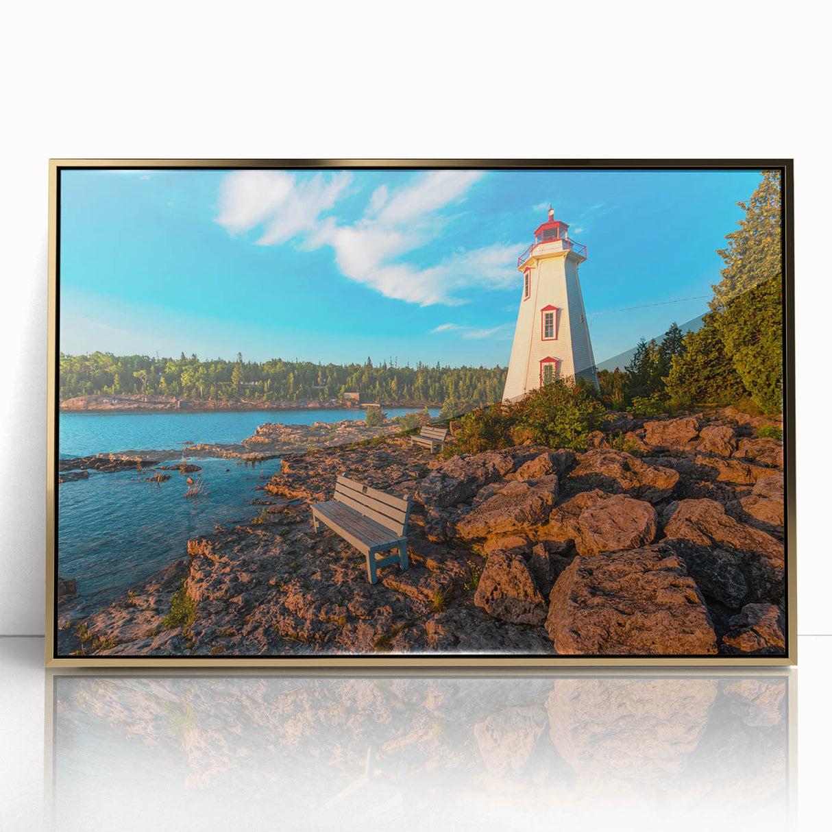 Large art print featuring a serene Ontario landscape in muted green and blue tones, framed in gold acrylic.