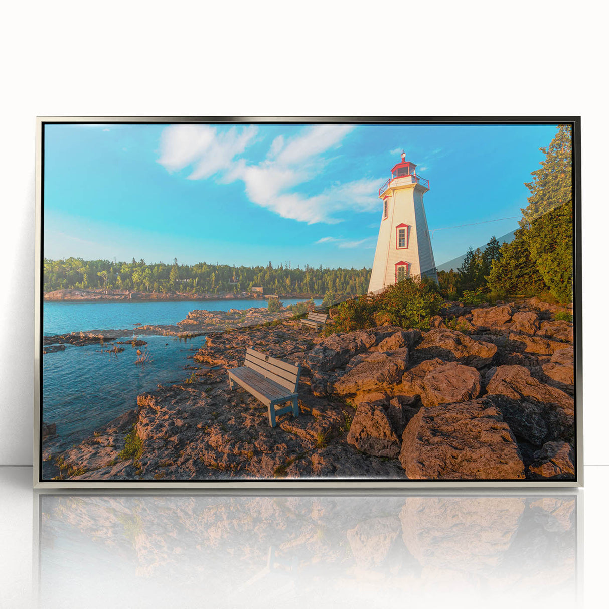 Mid-century modernist art depicting a serene Ontario landscape in muted earth tones, silver-framed acrylic print.