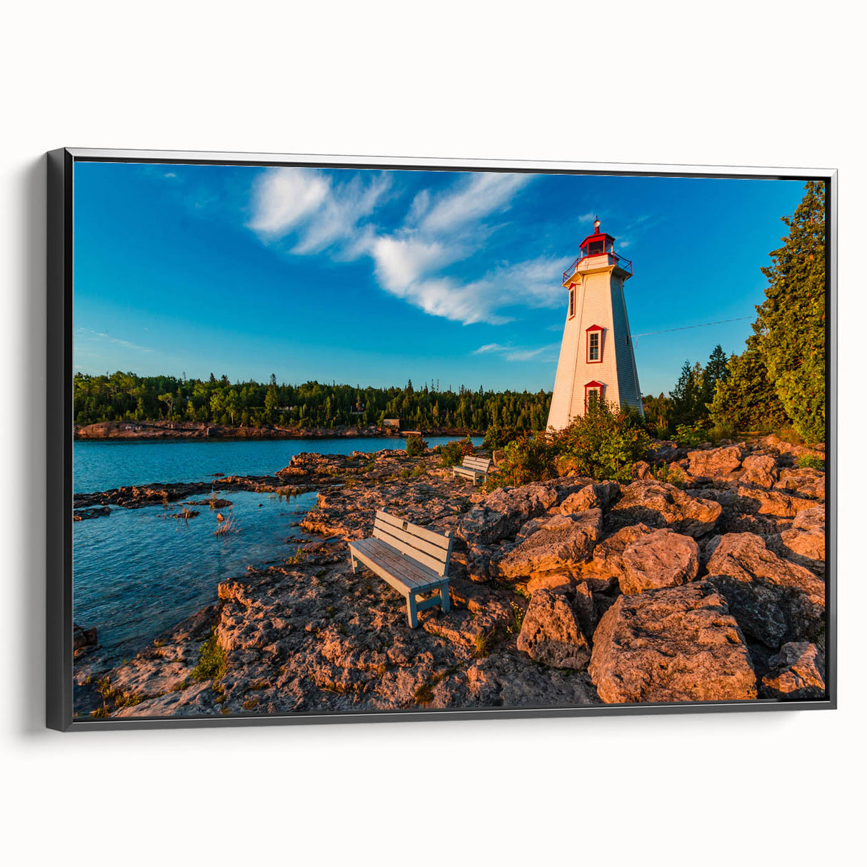 Black and white framed canvas featuring a vintage poster style landscape of Ontario, ideal for bedroom wall decor.
