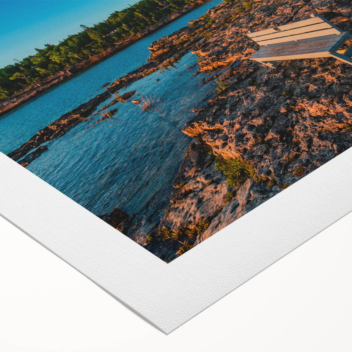 Art deco poster of Ontario scenery in muted blues and greens on rolled canvas, suitable for dining room walls.