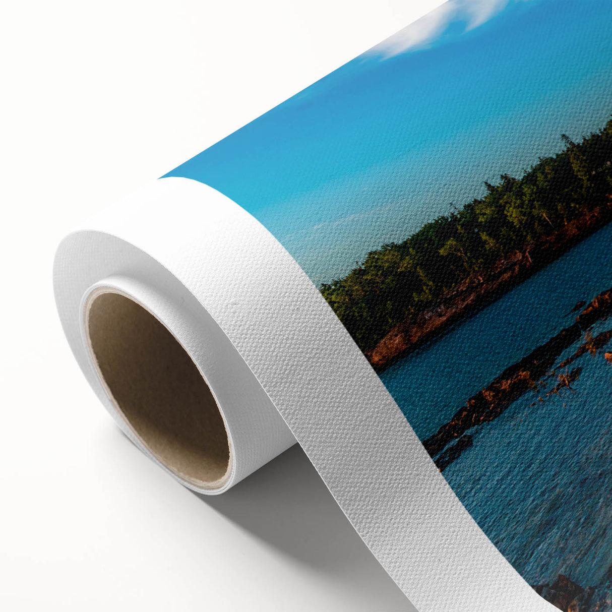 Art deco poster of Ontario scenery in muted blues and greens on rolled canvas, ideal for nursery wall art.