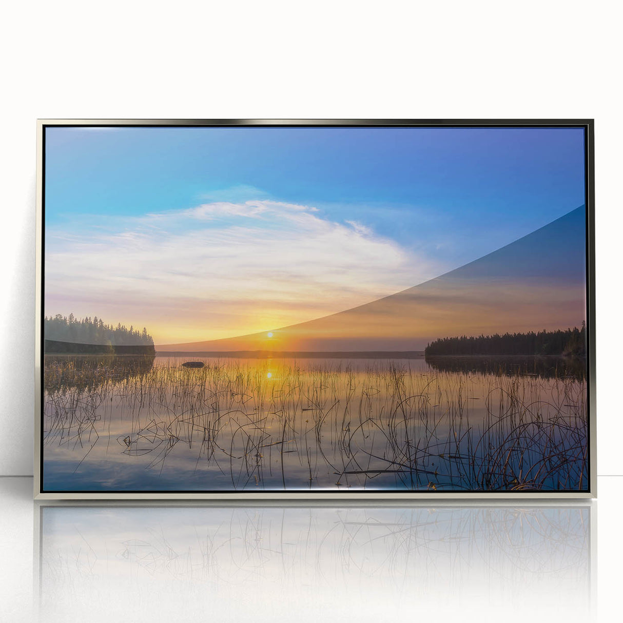 Mid-century modernist art depicting Saskatchewan scenery in muted earth tones on a silver-framed acrylic print.