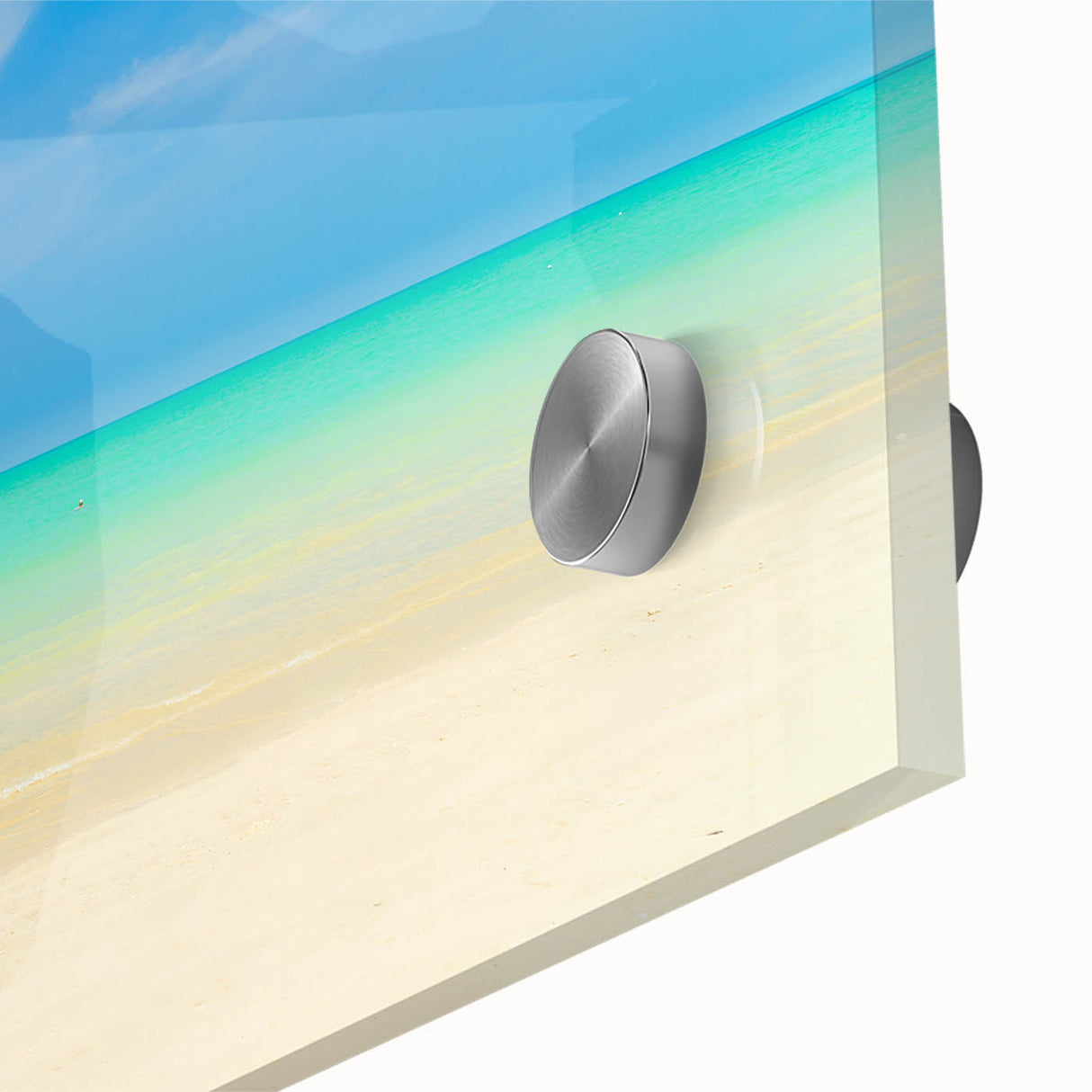 Large abstract wall art of a Caribbean scenery in vibrant blues and greens on acrylic glass, ideal for dining room ambiance.