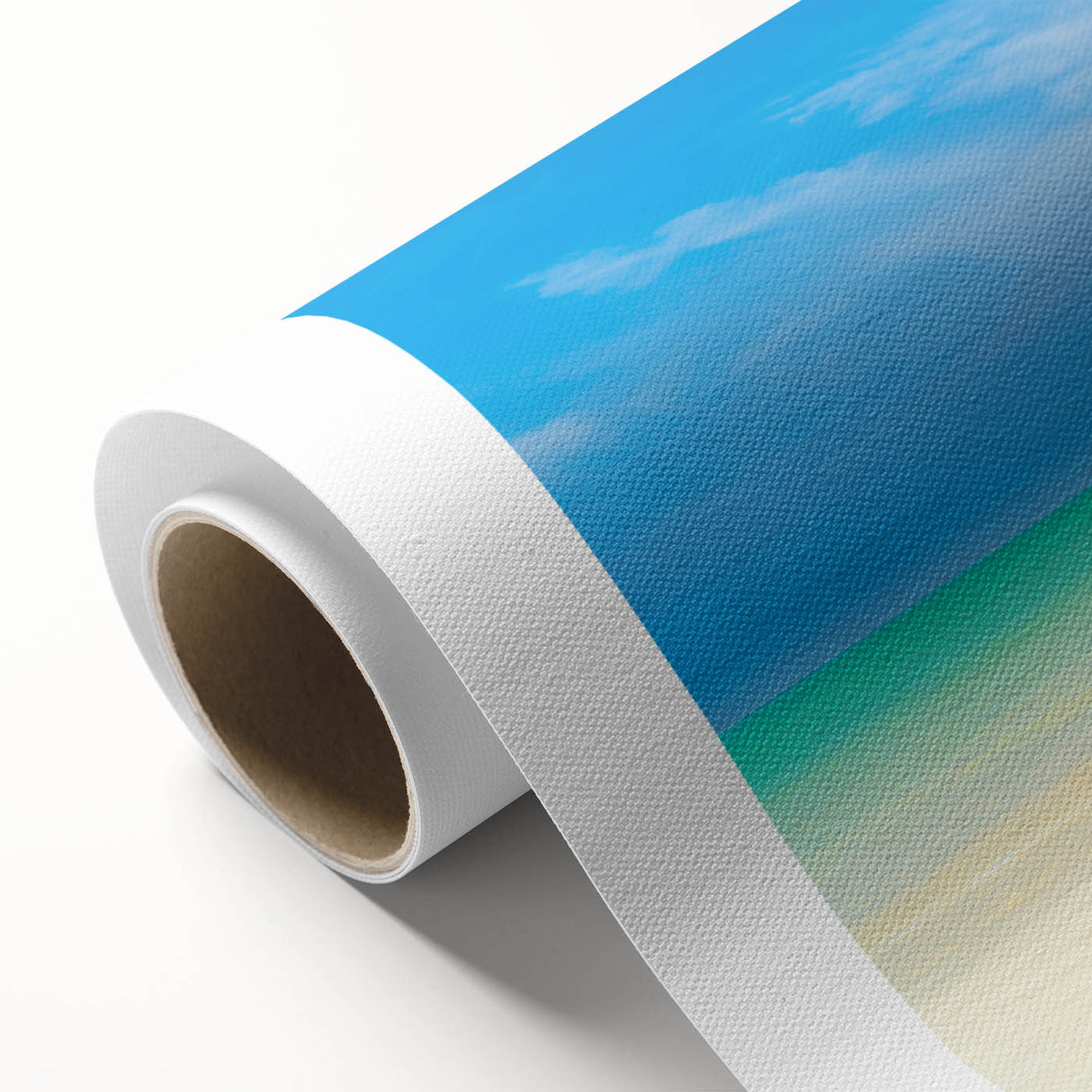 Art Deco style poster of a Caribbean scenery on rolled canvas, featuring pastel blue and pink tones.