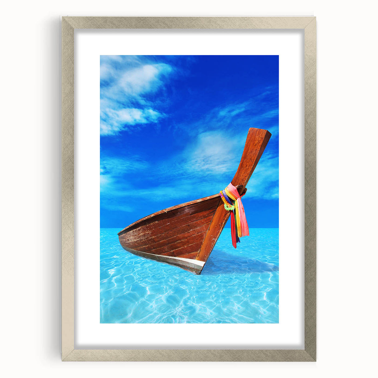 Extra large abstract art print of a Caribbean scenery, displayed in a silver frame with mat.