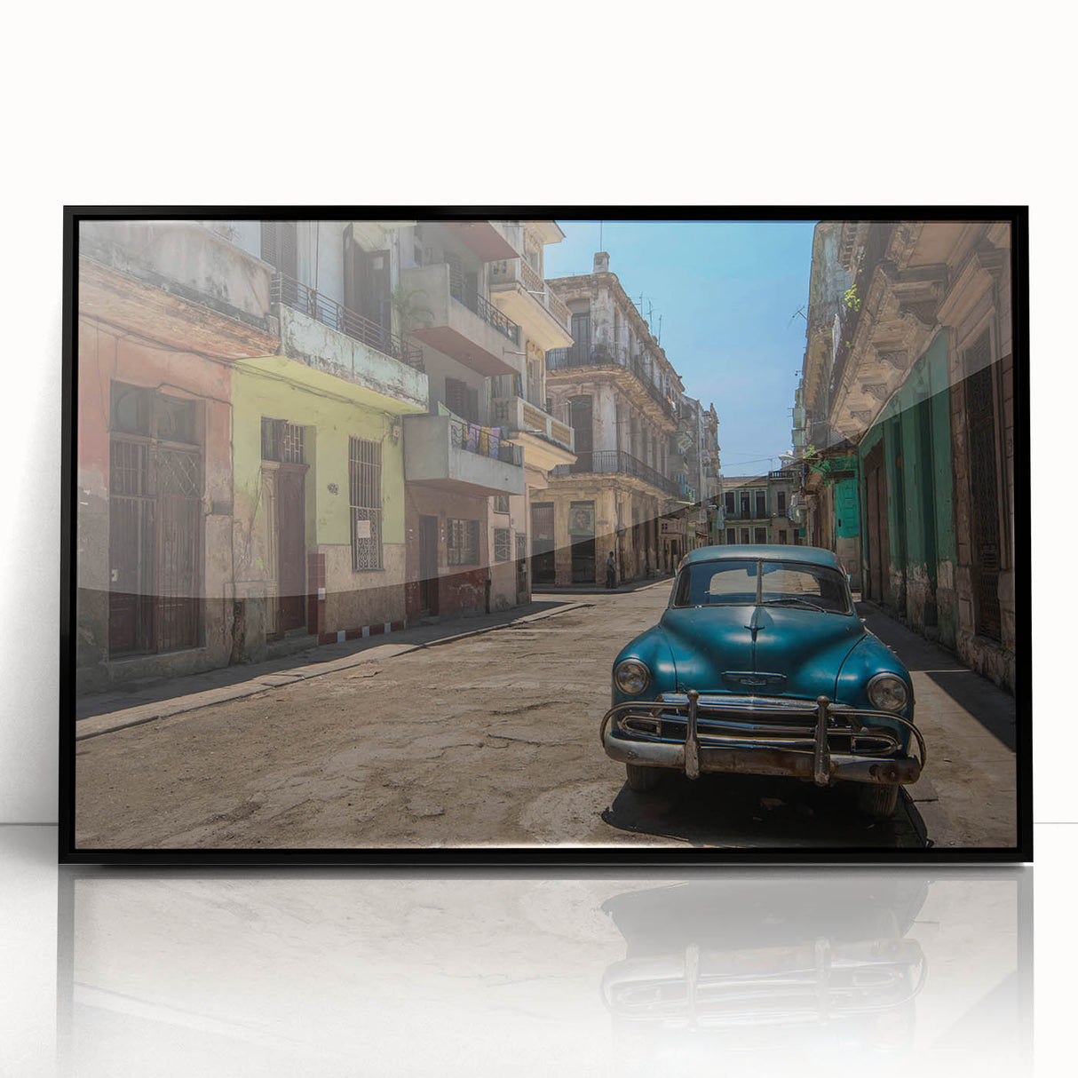 Large abstract wall art depicting a Caribbean Cuba scenery in vibrant colors on a framed acrylic.