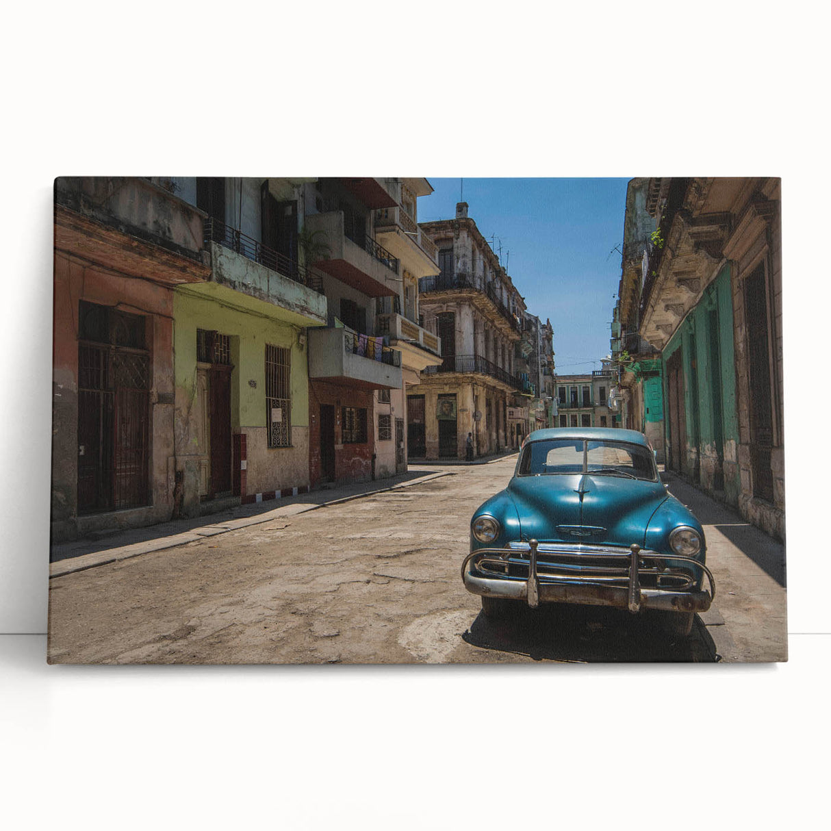 Black and white photograph of a Caribbean street scene on stretched canvas, ideal for kitchen wall art.