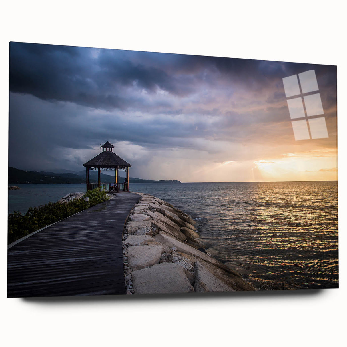 Large abstract wall art of a Caribbean seascape in vibrant blue tones on acrylic glass.