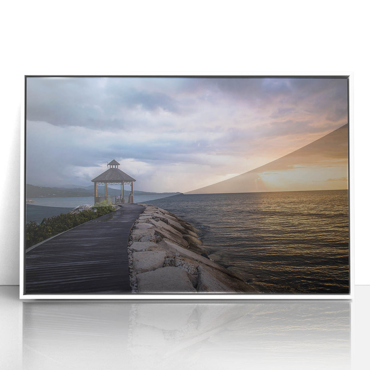 Large art print of a Caribbean beach scene in pastel shades on a framed acrylic, suited for modern nursery decor.