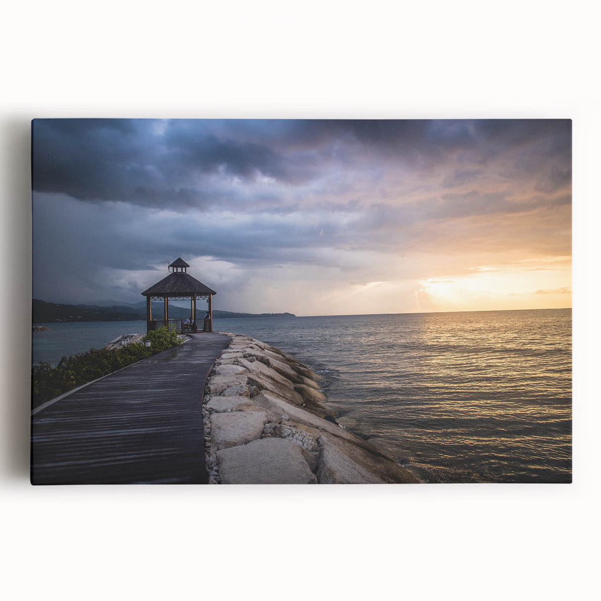 Black and white stretched canvas featuring a serene Caribbean beach scene, ideal for kitchen wall art or bedroom ambiance.