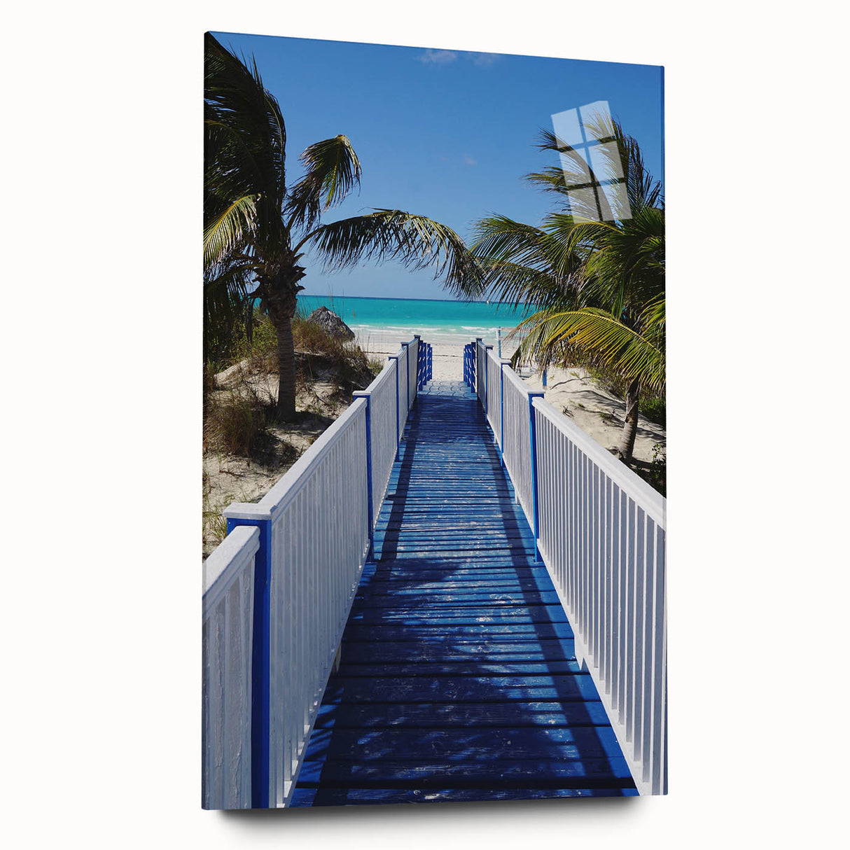 Large abstract wall art of a Caribbean Martinique scenery in vibrant blues and greens on acrylic glass.