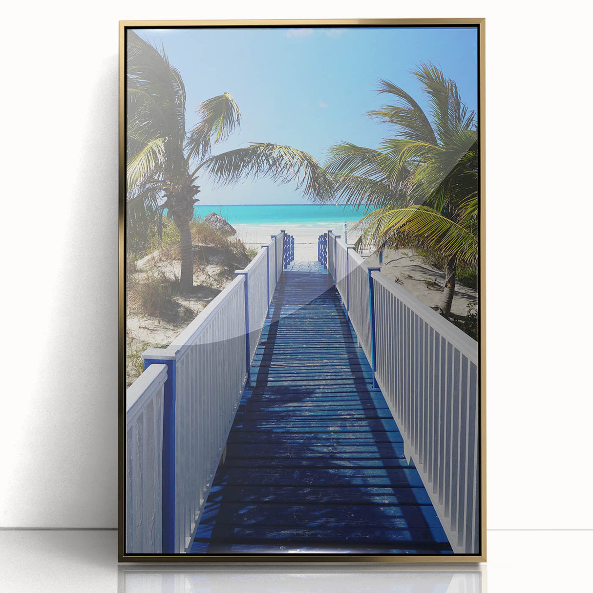 Art deco poster of Caribbean Martinique scenery in gold frame, acrylic print, suitable for modern art wall decor or nursery.