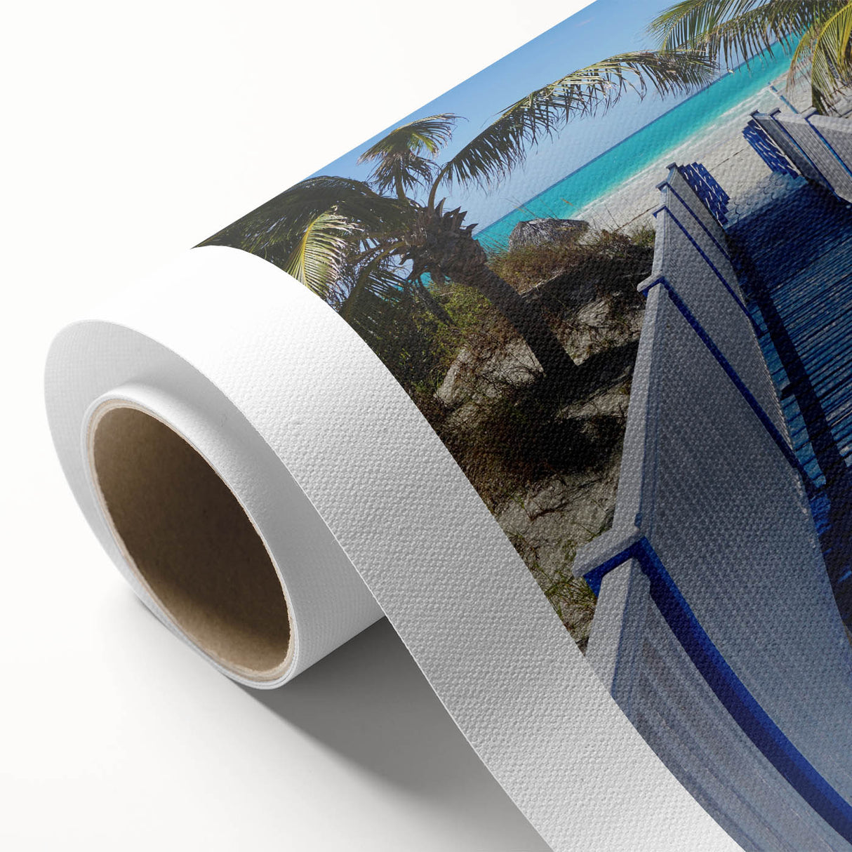 Art deco poster of a Caribbean Martinique scenery in vibrant blue and green hues on rolled canvas.