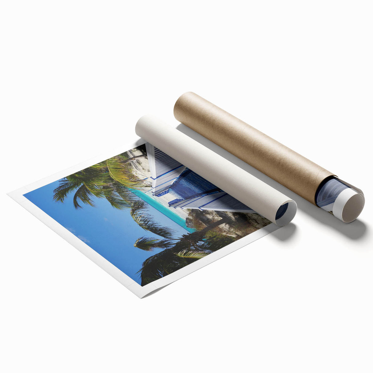 Extra large rolled print of a Caribbean scenery with lush florals, ideal for classy bathroom wall art.