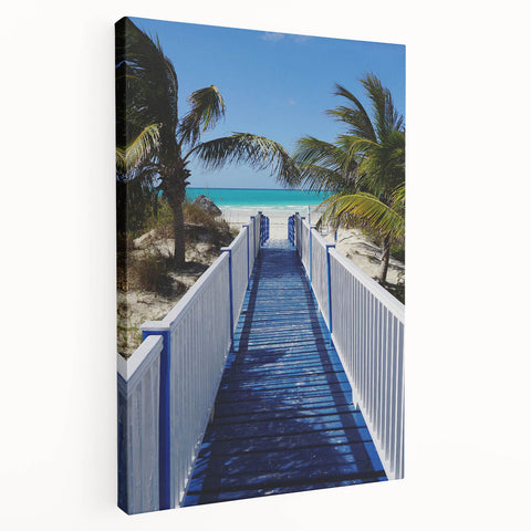 Panoramic Caribbean beach scene on large stretched canvas, featuring vivid blue and turquoise waters.