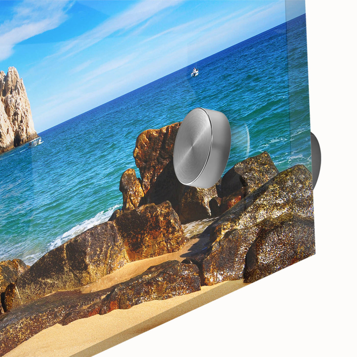 Large abstract wall art depicting Baja California scenery in muted earth tones on acrylic glass.