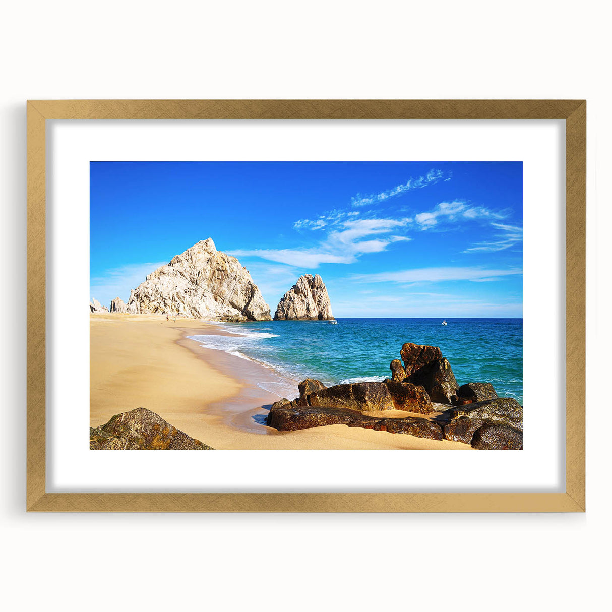 Extra large abstract art print of Baja California scenery in gold frame, featuring textured brush strokes in earth tones.