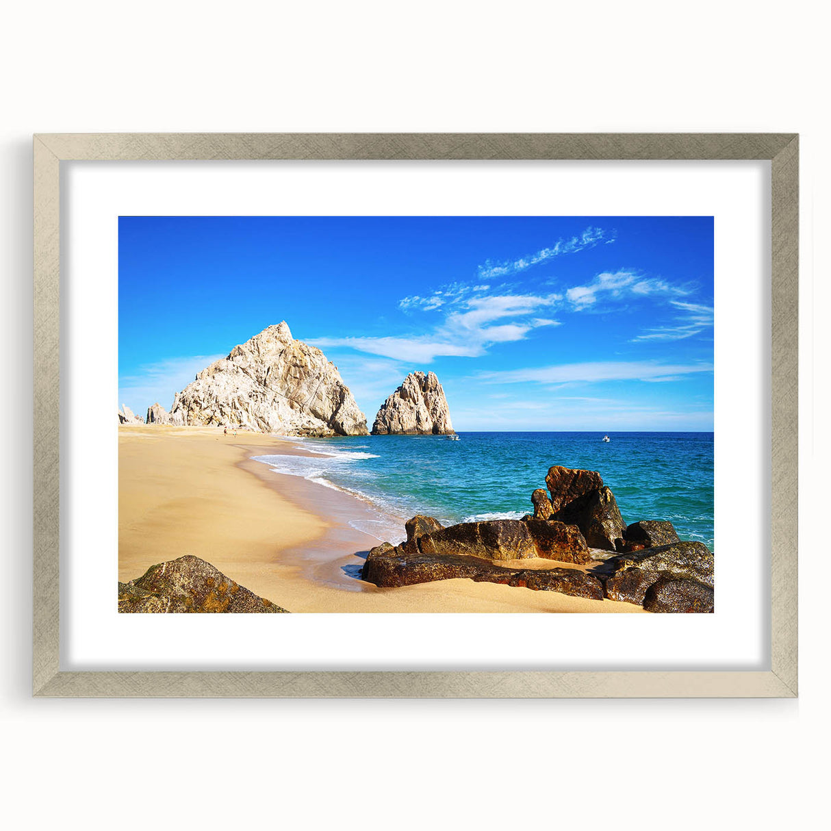 Textured art of abstract Baja California scenery in muted earth tones, framed in silver, ideal for bedroom art.