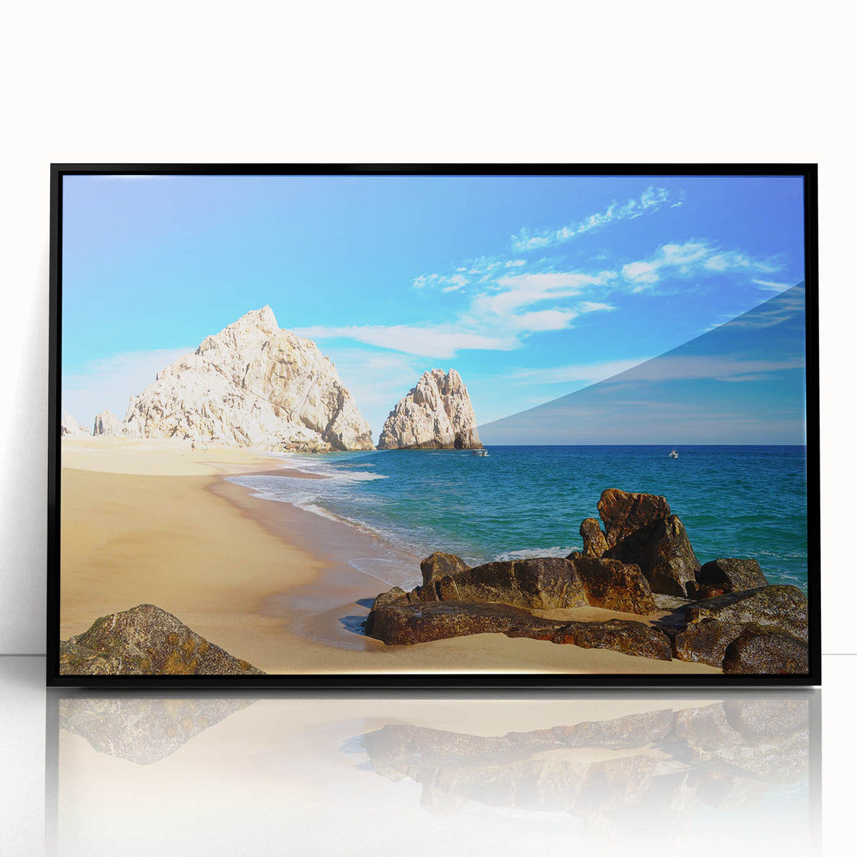 Large abstract wall art depicting the rugged Baja California landscape in muted earth tones on a framed acrylic print.