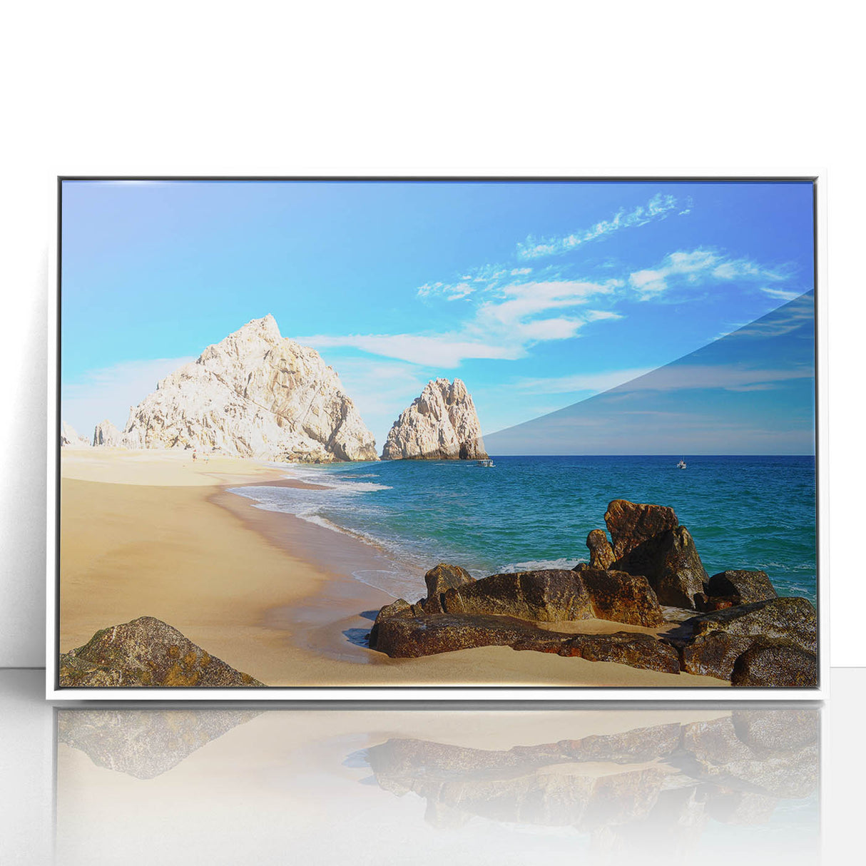 Art deco poster of Baja California scenery in muted earth tones on a white framed acrylic.