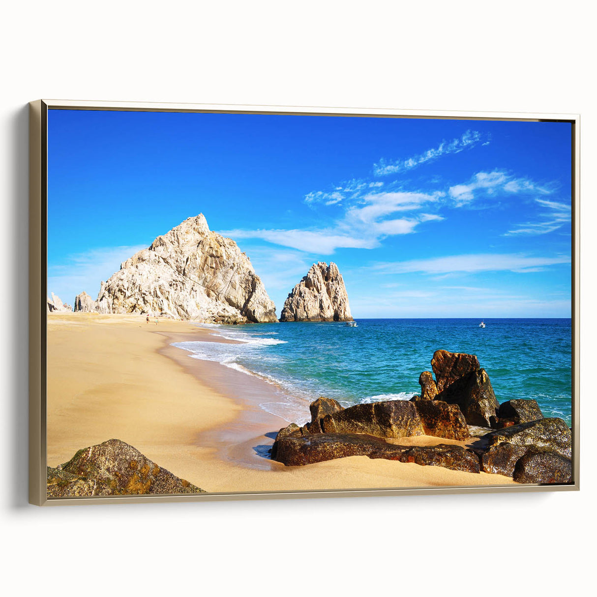 Framed canvas of a vintage-style Baja California landscape in muted gold and black tones, suitable for bedroom wall art.