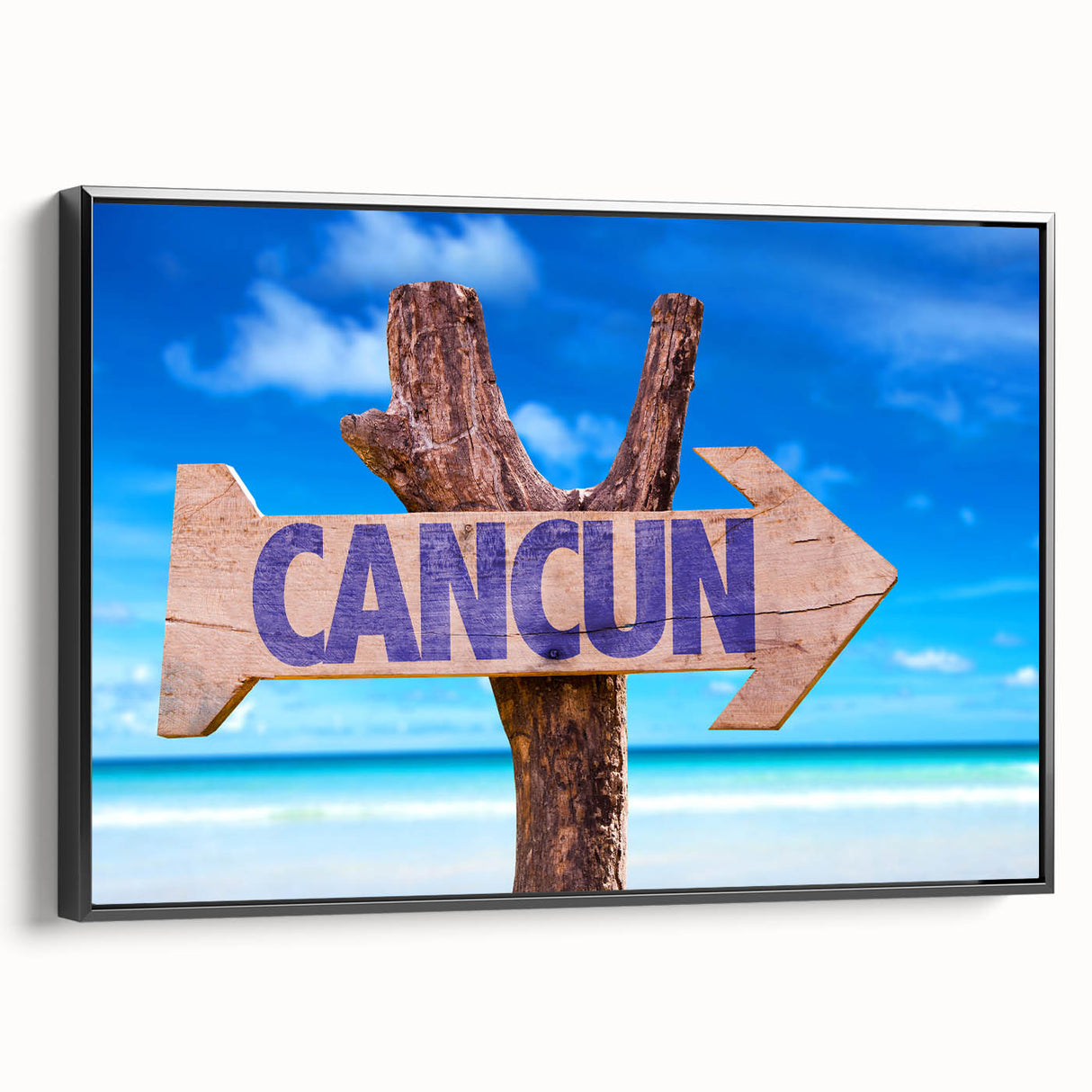 Black and white landscape art painting of Cancun on framed canvas, suitable for bedroom wall decor.