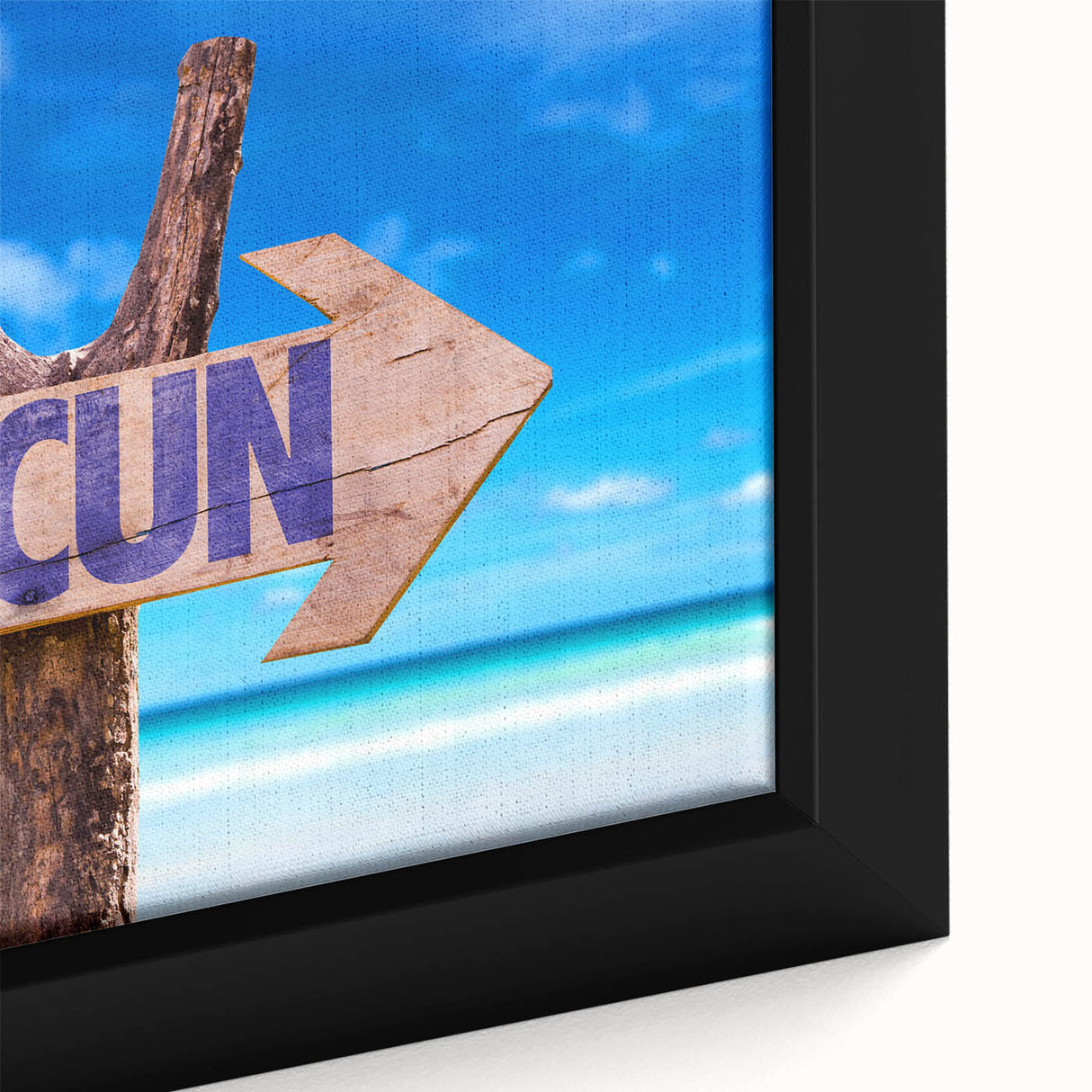 Extra large framed canvas of a textured Cancun scenery in vibrant colors, ideal for living room decor.