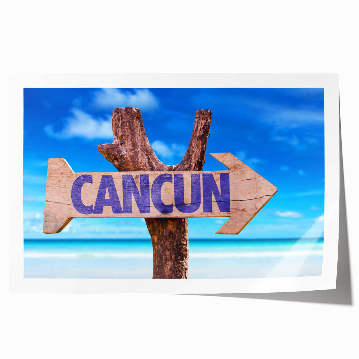 Art deco poster of Cancun scenery in pastel shades on rolled print, ideal for nursery wall art or dining room decor.