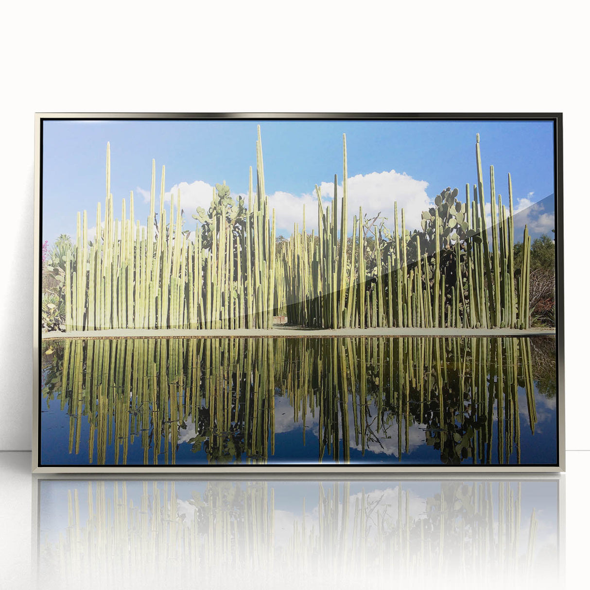 Mid-century modernist art depicting Oaxaca scenery in pastel shades on a silver-framed acrylic, ideal for nursery wall art.