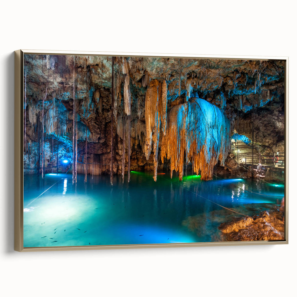 Framed canvas depicting a vintage-style landscape of Yucatán, Mexico, with muted earth tones, ideal for bedroom wall art.