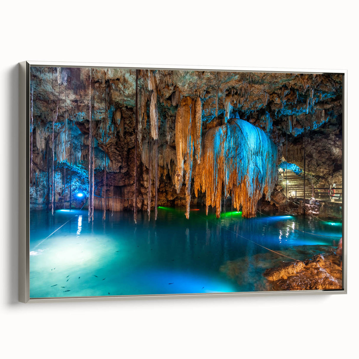 Framed canvas depicting a vintage-style Yucatan landscape with vibrant colors against a black background.