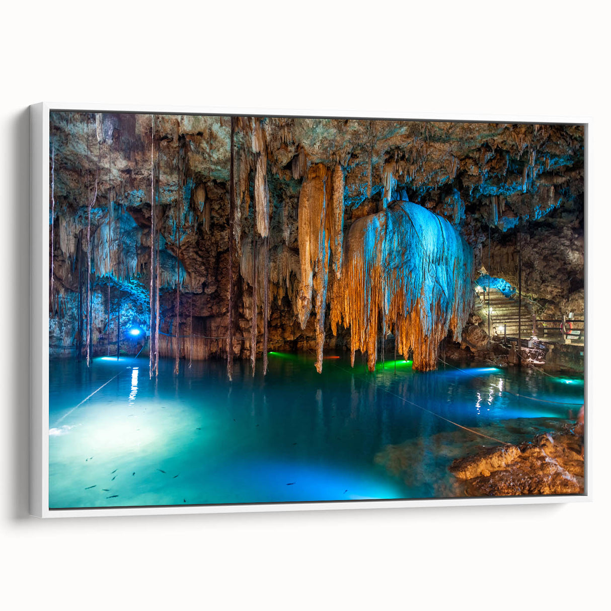 Vintage poster art of Yucatan, Mexico on a framed canvas, featuring colorful art with black accents.