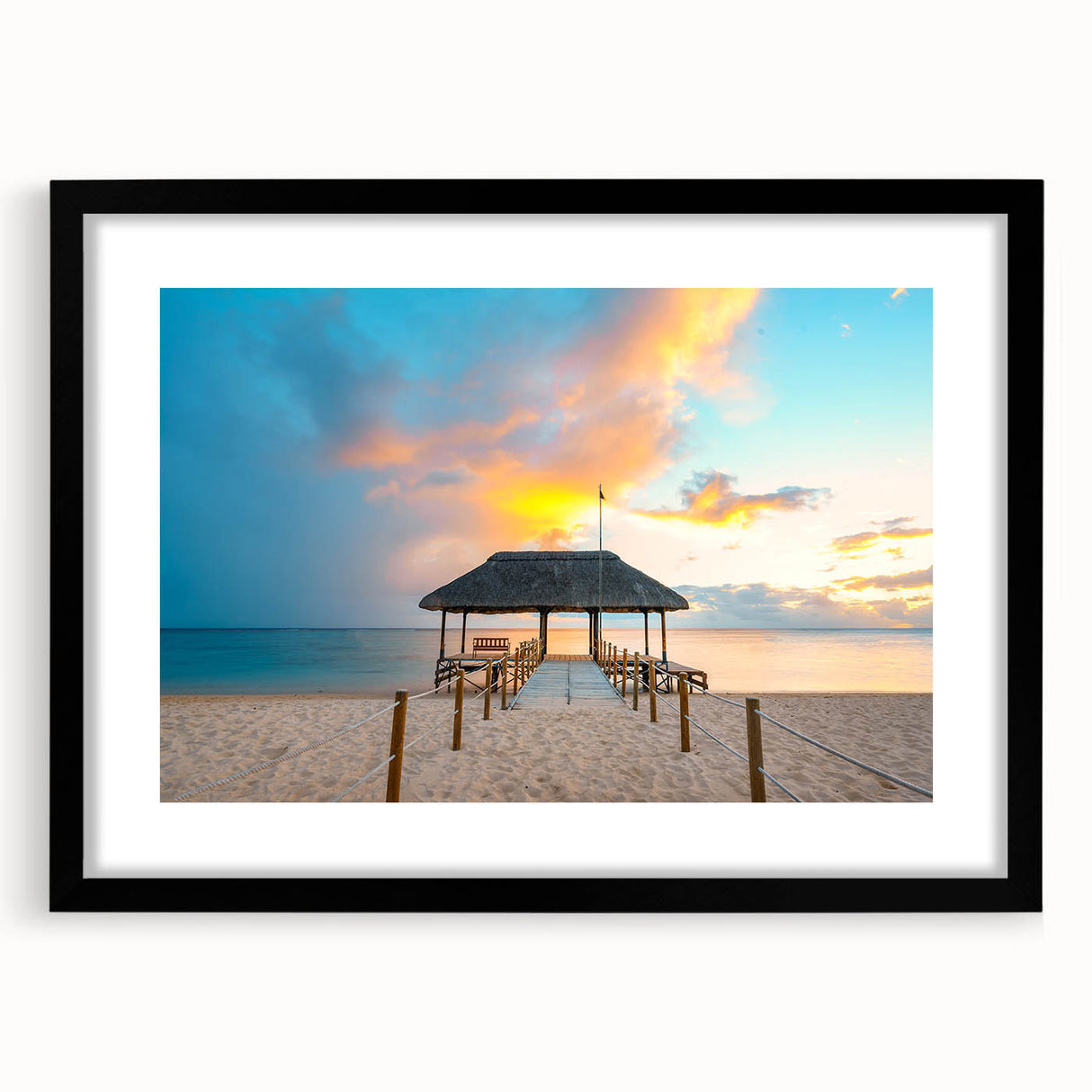 Extra large abstract art print of colorful, textured scenery of Mauritius on a black framed canvas.