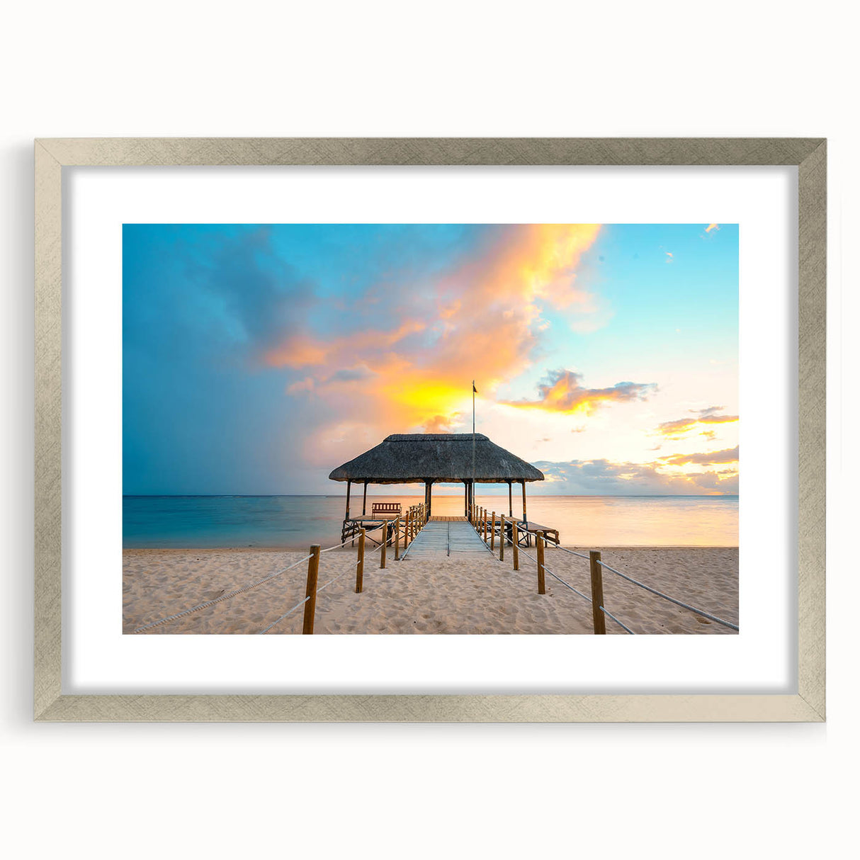 Abstract art print of a serene Mauritius landscape in muted blue and green tones on a framed canvas.
