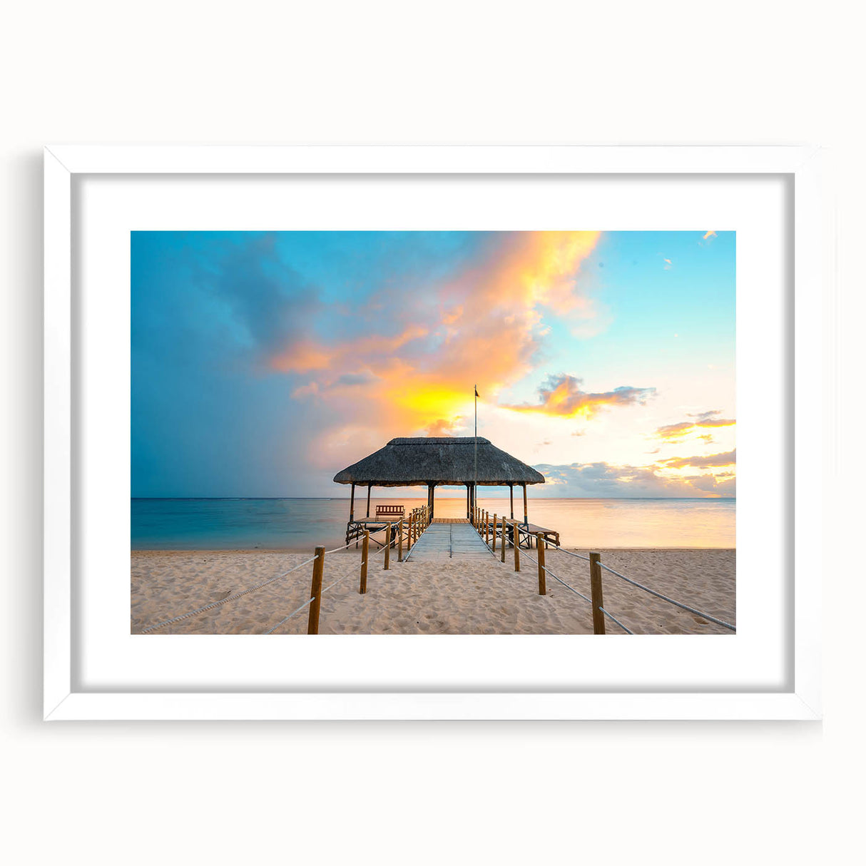 Extra large abstract art print depicting a textured scenery of Mauritius, in muted earth tones, framed with a white mat.